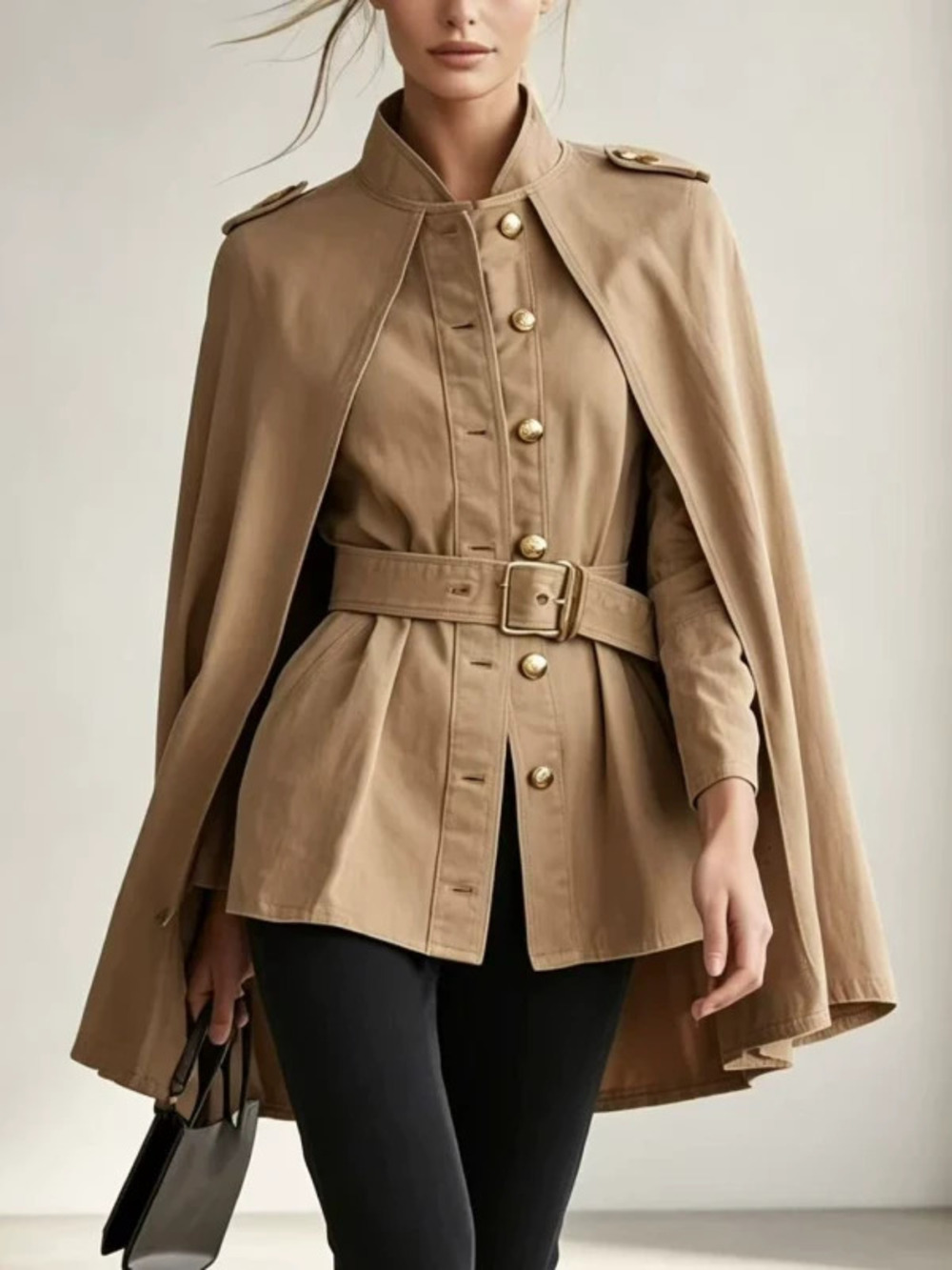 ZARA Womens Cape Style Trench Coat Stand Collar Metal Buttons Belted Slim Fit